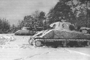 U.S. M4 Sherman tanks take up positions on the outskirts of St. Vith, 20 December 1944